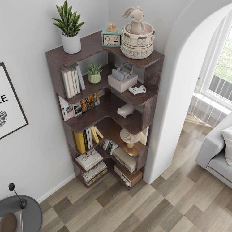 6 Tier Freestanding L Shaped Corner Bookshelf For Living Room, Bedroom, Wooden Bookcase With Anti Drop Panle And Anti Tipping Device, Display Shelf Open Storage Rack Organizer For Home Office Dark