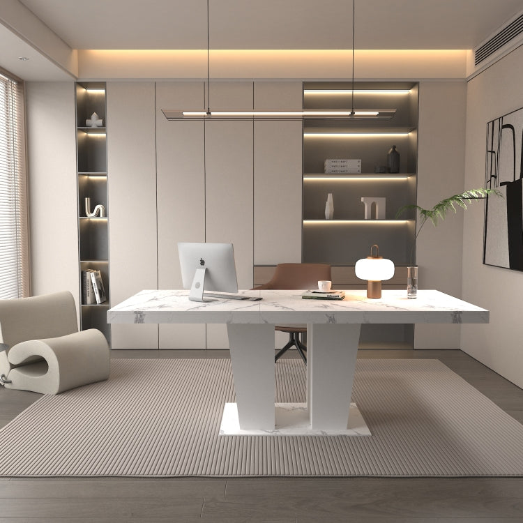 Extendable Dining Room Table For 6 10, Modern All White Faux Marble Rectangle Dining Table With Dual Column Pedestal Base, Expandable Kitchen Table