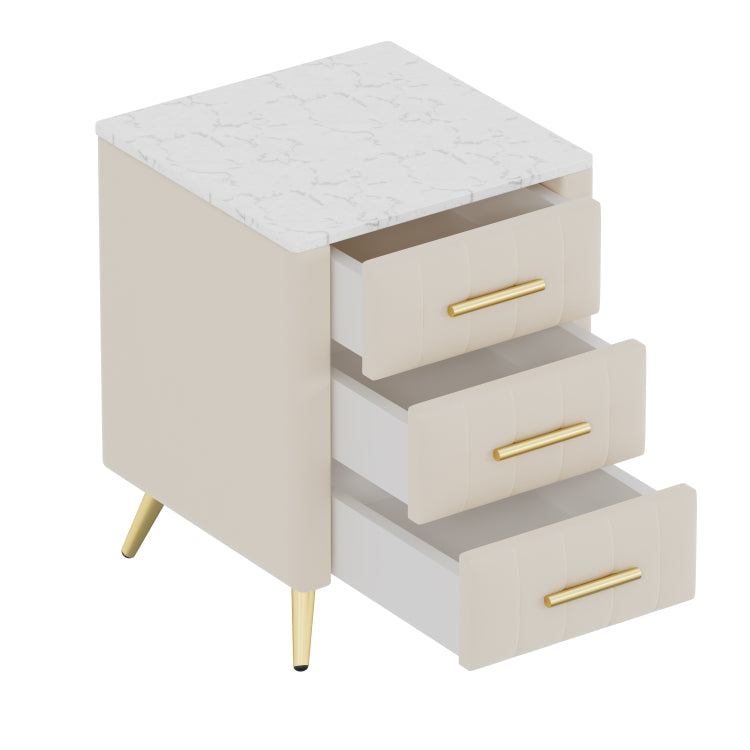 Upholstered Wooden Nightstand With 3 Drawers And Metal Legs&Handles, Bedside Table With Marbling Stickers Worktop Beige