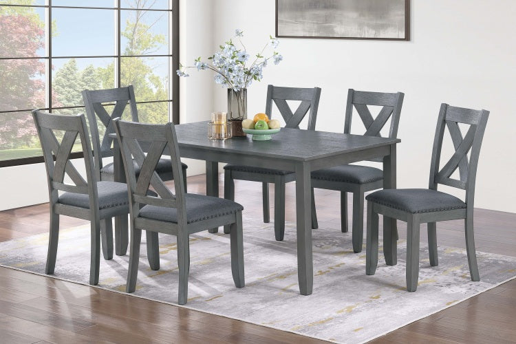 Gray Finish Dining Table 6X Chairs 7Pcs Dining Set Cushion Seat Nailhead X Cross Back Chairs Dining Room Furniture Modern Style