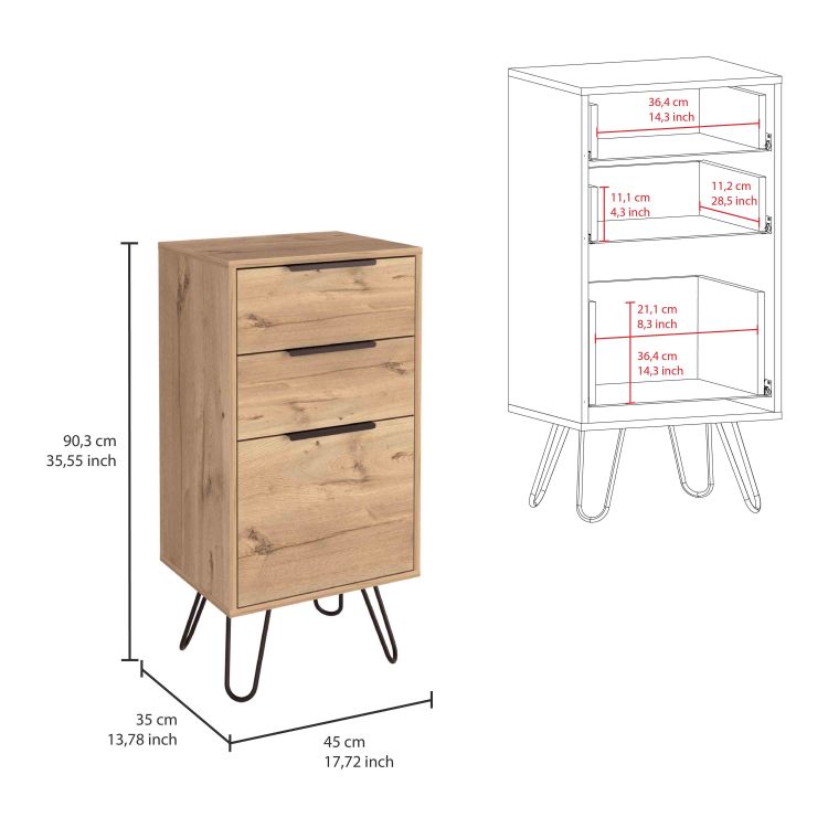 Augusta Light Dresser, Hairpin Legs, Superior Top,Three Drawers Light Oak