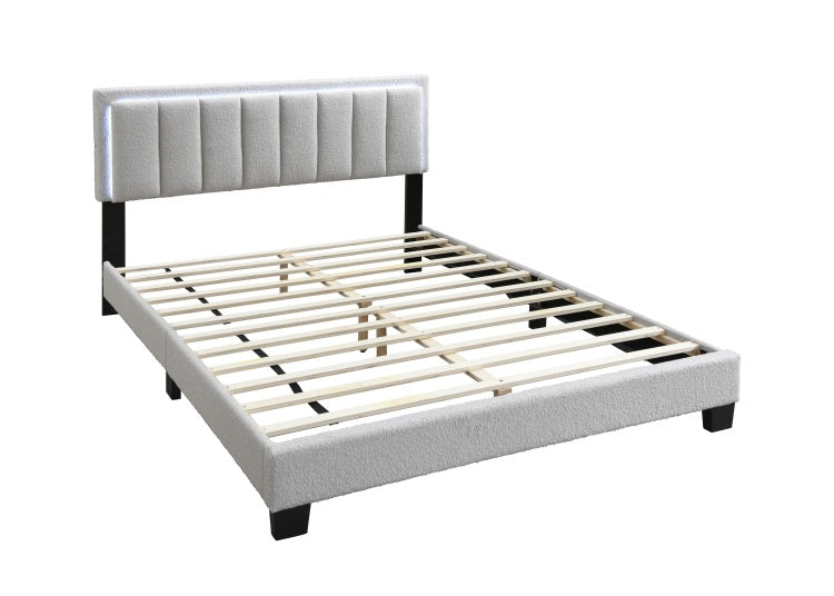 Light Gray Wool Fabric 1Pc Queen Size Bed Channel Tufting W Led Full Upholstered Bedframe Bedroom Bed