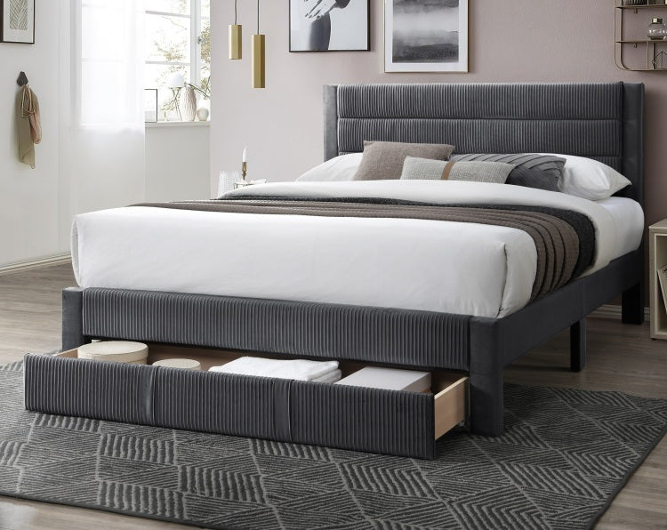 Luxury Contemporary Look 1Pc Full Size Bed W Storage Drawer Charcoal Corduroy Headboard Bedframe