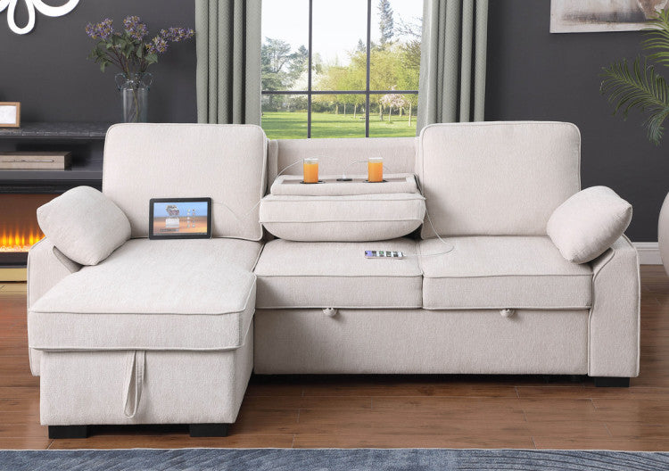 Marcello 91"W Beige Chenille Fabric Reversible Sleeper Sectional With Storage Chaise, Drop Down Table, Cup Holders And Charging Ports
