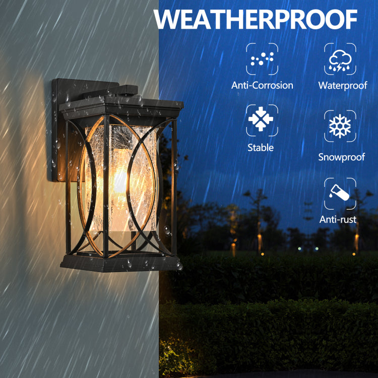 14" H 1 Pack Black Outdoor Wall Lantern With Crackled Glass, Weather Resistant Exterior Light Fixture For Porch, Patio, And Entryway, Modern Decorative Wall Sconce With E26 Base Bulb Not Included