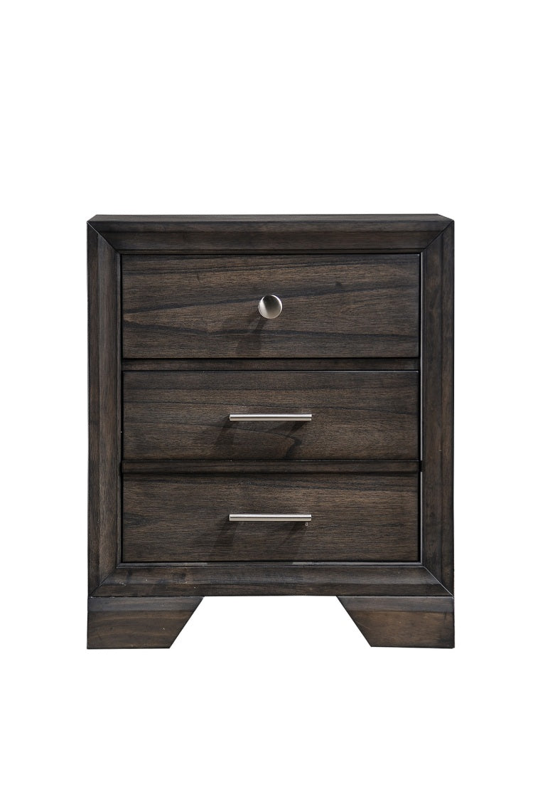 1Pc Contemporary Dark Wood Grain Finish Metal Knobs Two Drawers Nightstand Wooden Gray