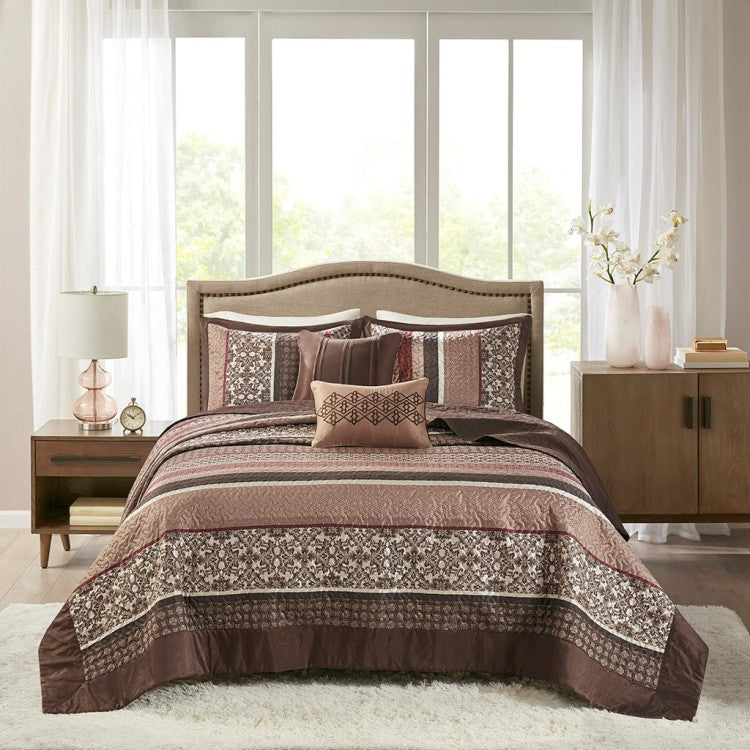 5 Piece Reversible Jacquard Bedspread Set Red Queen