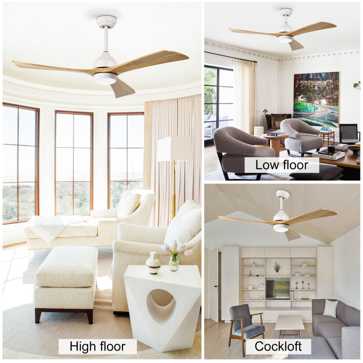 52" Solid Wood Blades With Lights Remote Control,Quiet Dc Motor 3 Blade S 6 Speed Levels,Reversible , For Patio Living Room, Bedroom, Office,Indoor. White Natural