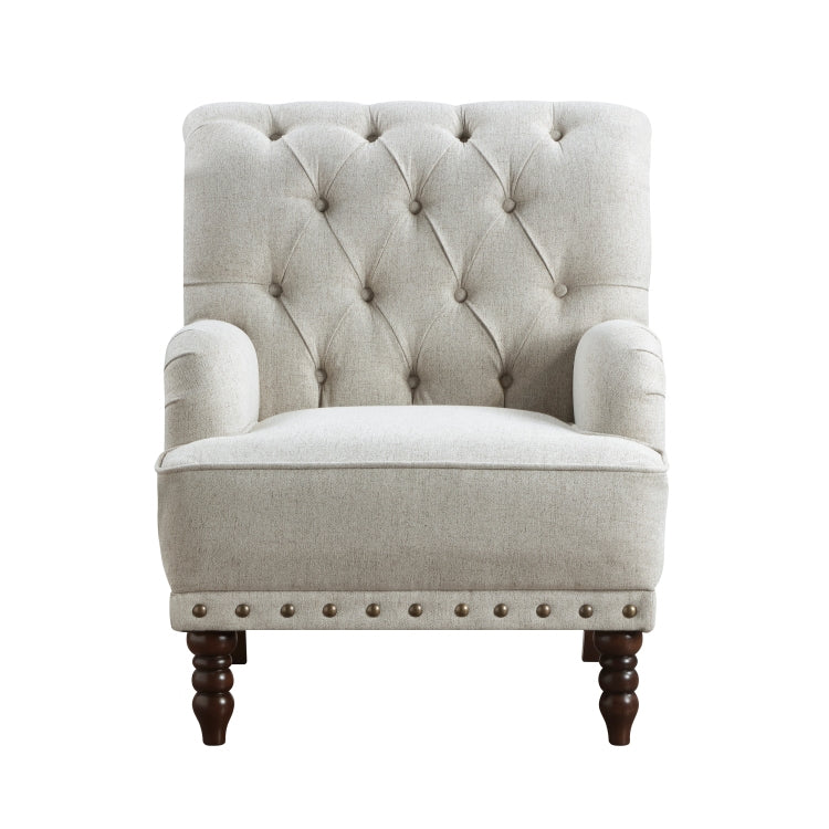 1Pc Beige Accent Chair Button Tufted Solid Wood Nailhead Trim Fabric Upholstery Luxury Living Room Furniture