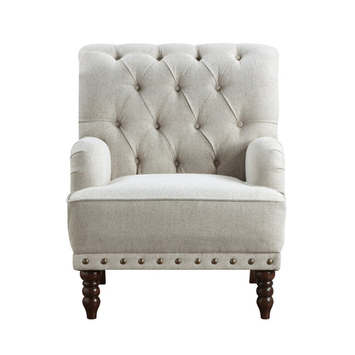 1Pc Beige Accent Chair Button Tufted Solid Wood Nailhead Trim Fabric Upholstery Luxury Living Room Furniture
