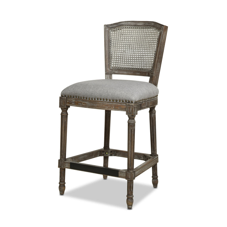 Triomphe Rattan Wicker High Back Armless Counter Bar Stool, Heathered Grey Linen