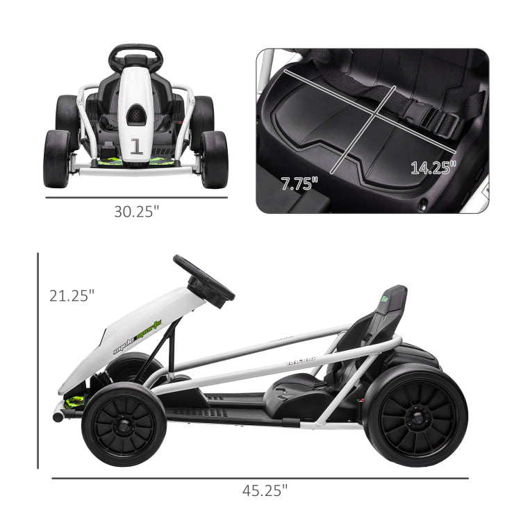 Aosom 24V 8.1 Mph Electric Go Kart, Drifting Car Battery Powered Ride On Toy Outdoor With Slow Start, Music, Horn Honking And Safety Belt, For 8 12 Years Old, White