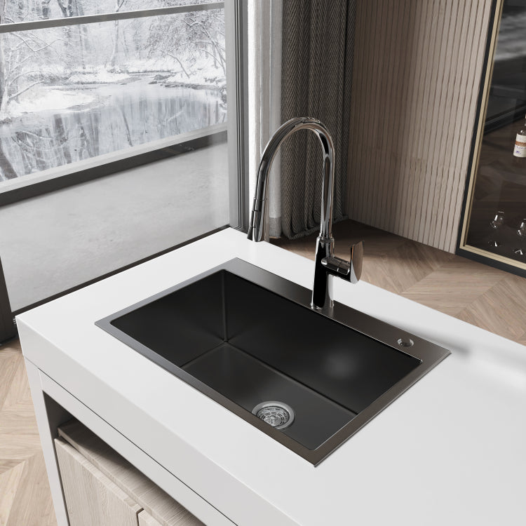 Stainless Steel Kitchen Sink, 27 X19 Single Bowl, Overmount Handmade Sink In Black, With Us Standard Drain And Hook, Ls Ssbl01