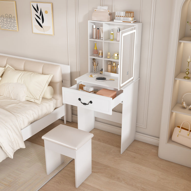 Modern Mini Dressing Table With Led Lit Mirror & Hidden Storage,Includes Padded Stool,Adjustable Brightness Vanity Desk,Multi Tier Dust Proof Shelves,White