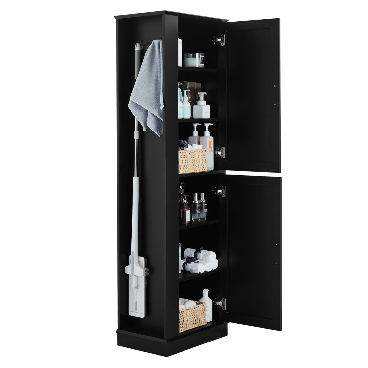 Tall Bathroom Storage Cabinet, Freestanding Storage Cabinet With Hook And Adjustable Shelf, Mdf Board, Black