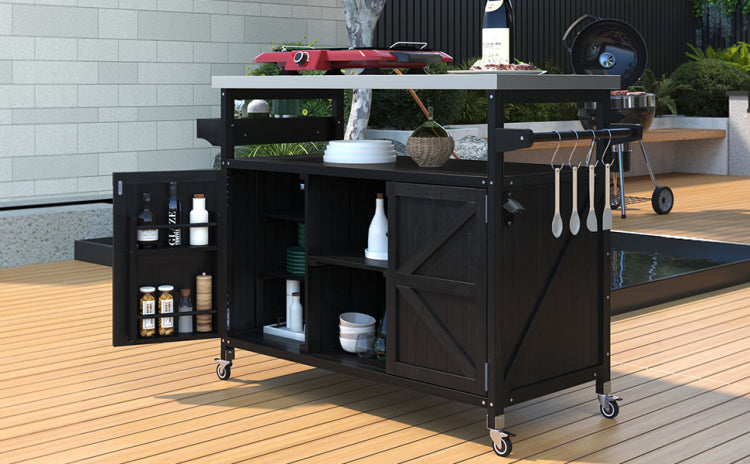 K&K Outdoor Kitchen Island, Rolling Bar Cart & Storage Cabinet, Farmhouse Solid Wood Outdoor Grill Table With Stainless Steel Top, Spice Rack , Towel Rack For Kitchen & Barbecue, Black