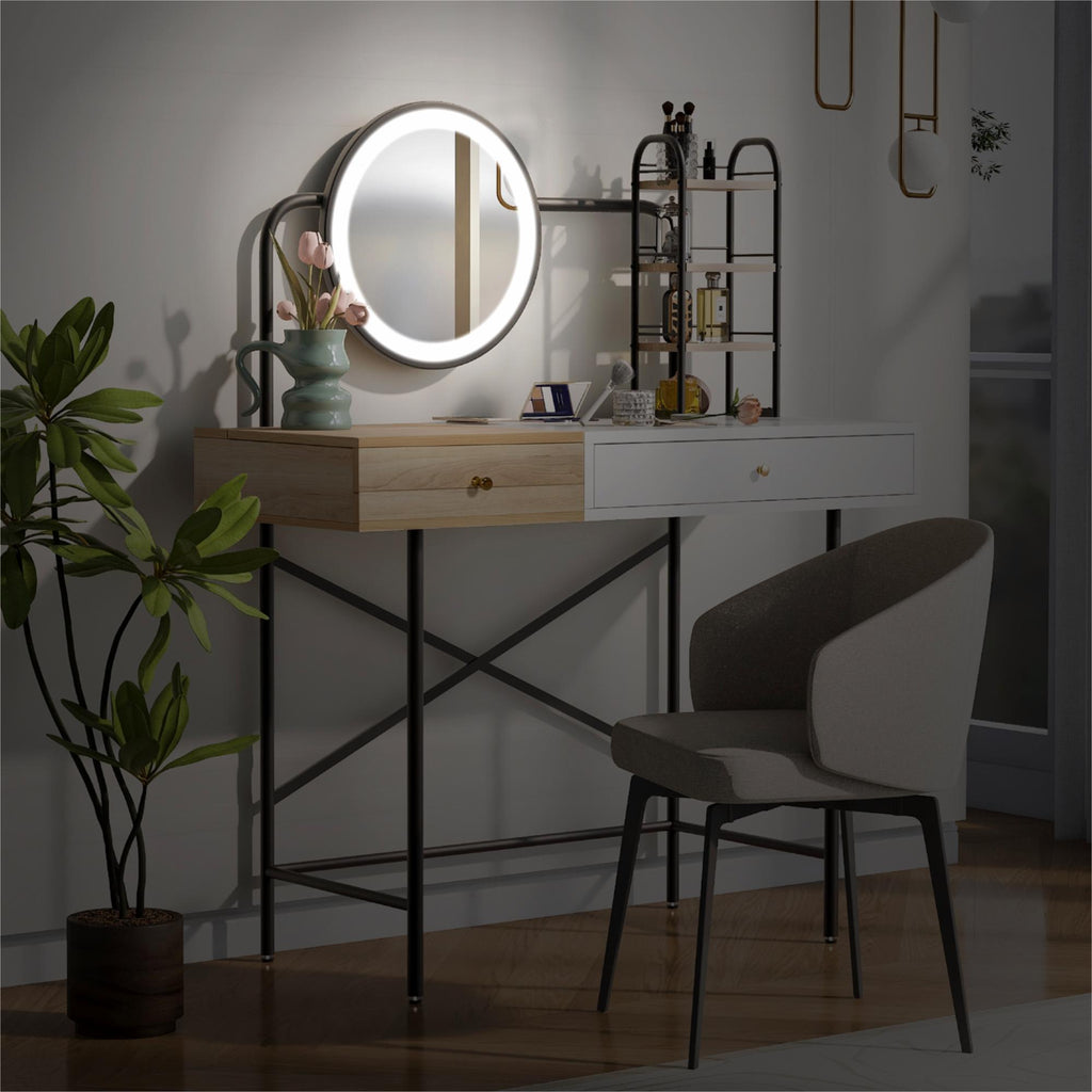 40" Makeup Vanity Desk With 3 Mode Lighted Mirror & Wireless Charging Station , Vanity Table With Drawer & 3 Open Shelves For Ample Storage Space, Dressing Table For Bedroom, White