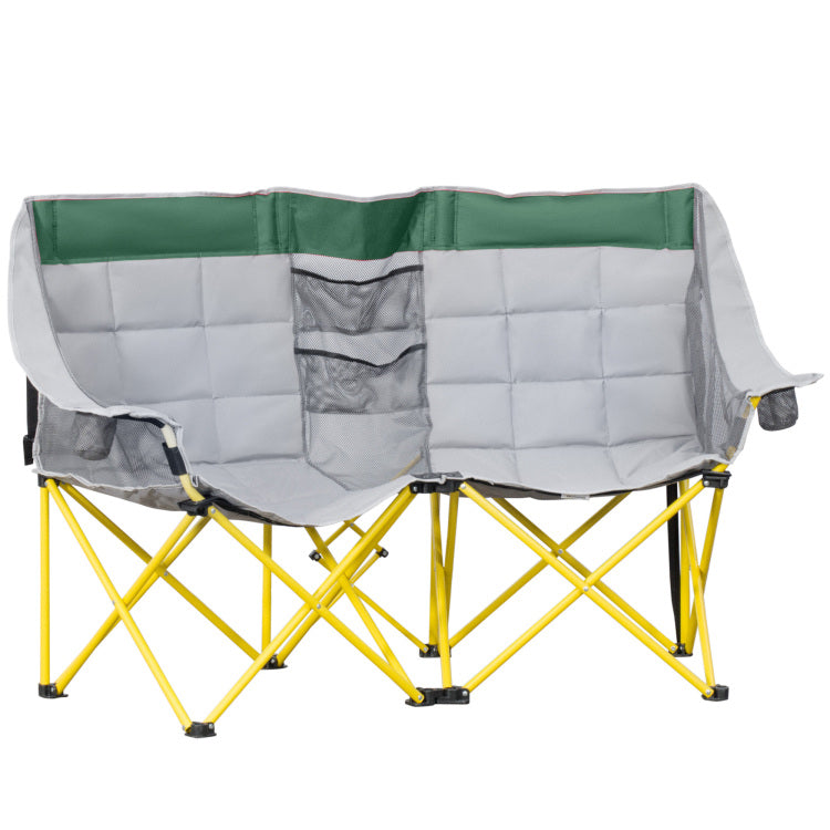 Outsunny Loveseat Style Camping Chair, Oversized Folding Lawn Chair With Carry Bag & Cup Holders, For Outdoor, Beach, Picnic, Hiking, Travel, Green & Gray