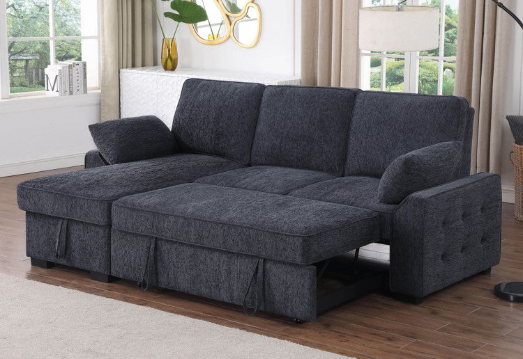 Marcello 91"W Charcoal Chenille Fabric Reversible Sleeper Sectional With Storage Chaise, Drop Down Table, Cup Holders And Charging Ports