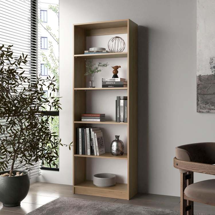 Natural Oak And White 5 Shelf Bookcase With Open Storage