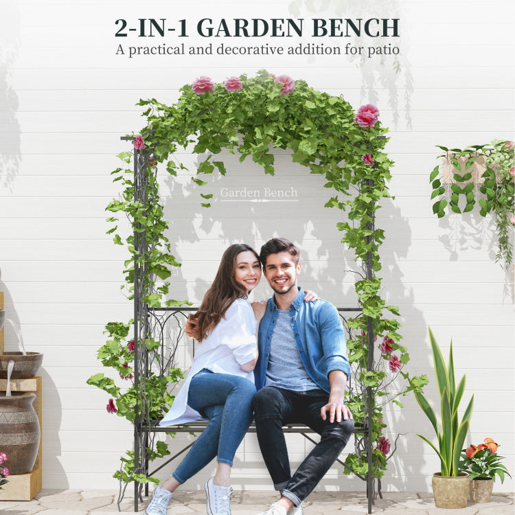 Outsunny Metal Trellis Arbor Arch For Climbing Plants With Garden Bench, Grow Grapes & Vines, Patio Decor & 2 Person Outdoor Steel Decorative Seating, 484 Lbs. Weight Capacity, Black