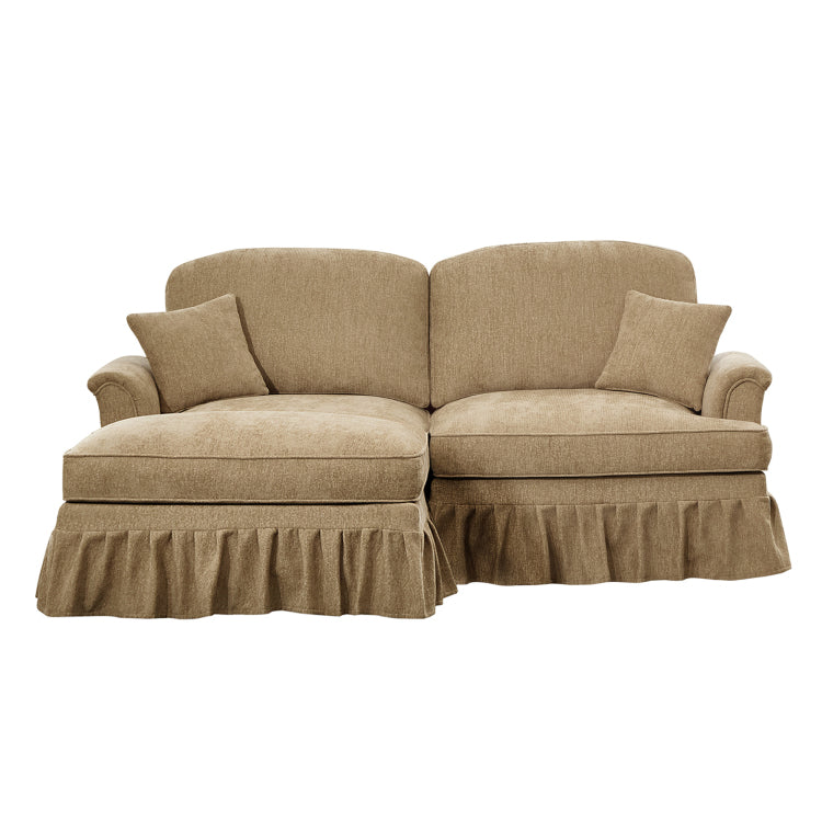 Elegant Mid Century Large Two Seater Modular L Shaped Sofa Couch With Flared Arms And Removable Ruffles Pleats Skirts And Spindle Legs, Comfy Chenille Loveseat Sofa With Movable Ottoman,Light Coffee