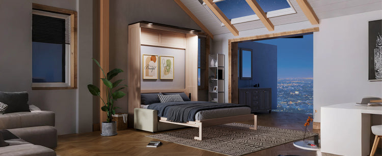 Queen Size Murphy Bed With Sofa And Led, Beige
