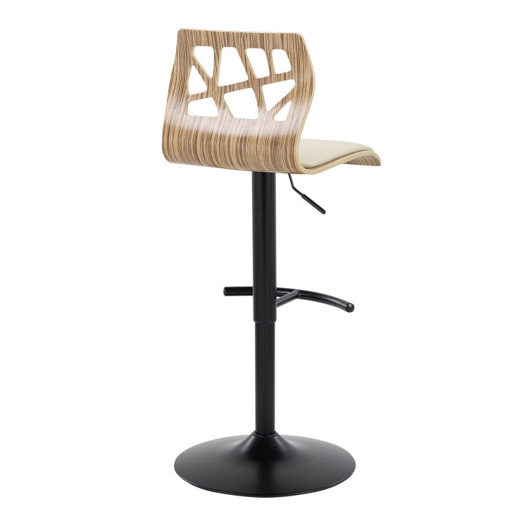 Folia Mid Century Modern Adjustable Barstool With Swivel In Black Metal, Zebra Wood And Cream Faux Leather With Rounded T Footrest Set Of 2
