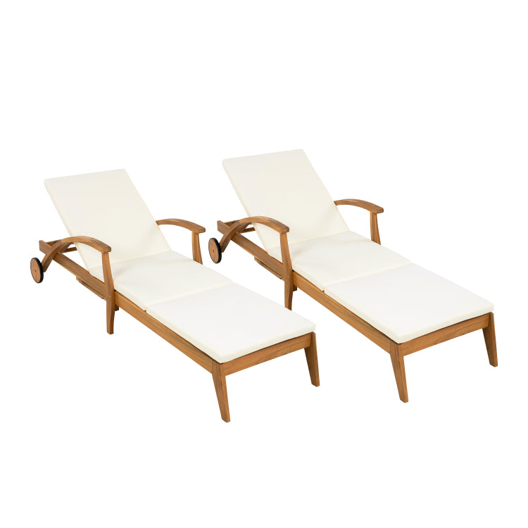 Chaise Lounge With Wheel Acacia Wood Recliner For Patio Garden, With 2Inch White Cushion, 4 Position Adjustable Backrest, Versatile Outdoor Furniture