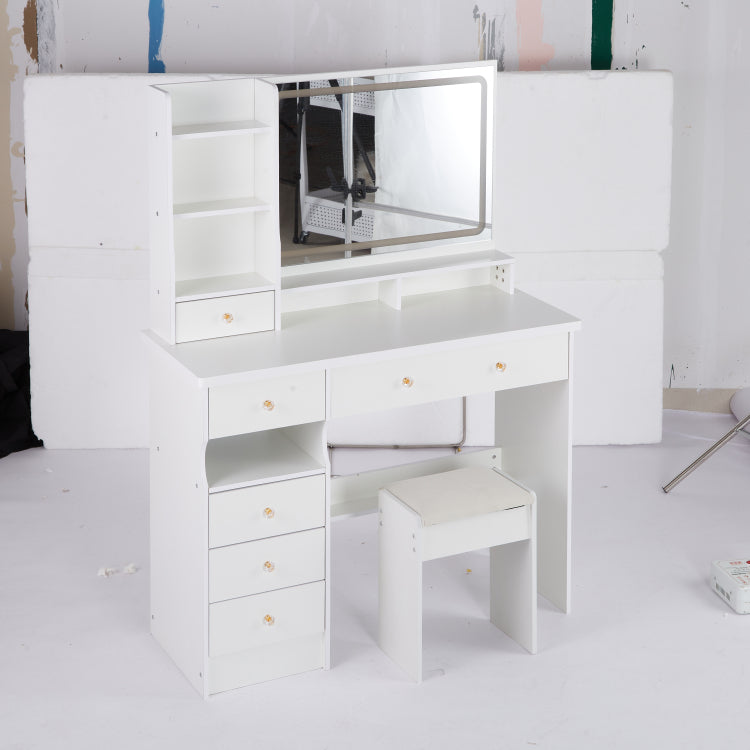 41" Large Sized Desktop Vanity Table Cushioned Stool, Oversized Desktop, Large Touch Control Led Mirror, 3 Color Switch, Multi Layer High Capacity Storage Fashion Dresser, Epa, Gcc, Ul Certificate