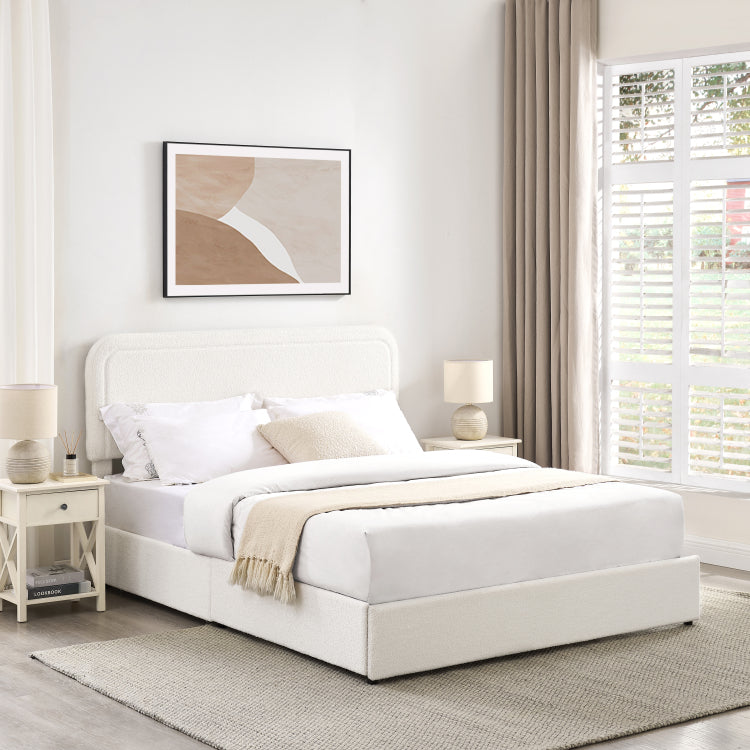 Liv Queen Size Ivory Boucle Upholstered Platform Bed With Patented 4 Drawers Storage, Curved Stitched Tufted Headboard, Wooden Slat Mattress Support, No Box Spring Needed