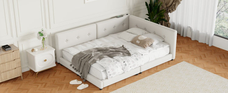 Upholstered Queen Size Platform Bed With Usb Ports, Beige