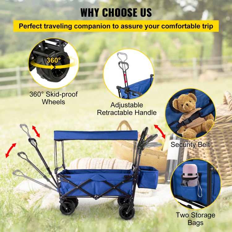 Extra Large Collapsible Garden Cart With Removable Canopy, Folding Wagon Utility Carts With Wheels And Rear Storage, Wagon Cart For Garden, Camping, Grocery Cart, Shopping Cart, Blue