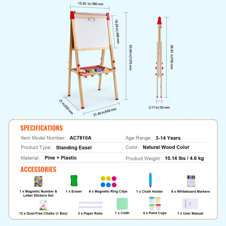 3 In 1 Kids Art Easel Double Sided Wooden Magnetic Whiteboard Chalkboard