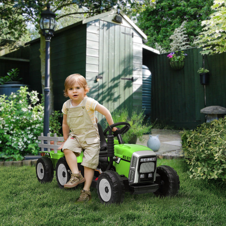 Aosom 12V Ride On Tractor With Trailer, 25W Dual Motors, Battery Powered Electric Tractor With Remote Control, Music Startup Sound And Horn, Led Lights, Green