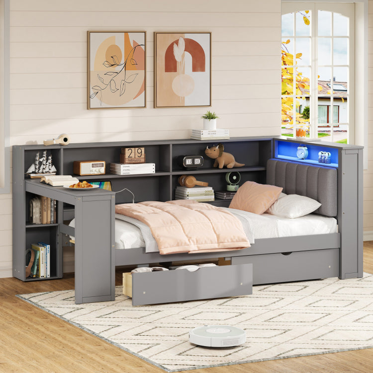 Wood Twin Size Platform Bed With Storage Shelves, Drawers, Charging Station, Led, Desk And Upholstered Headboard, Grey Grey Cushion