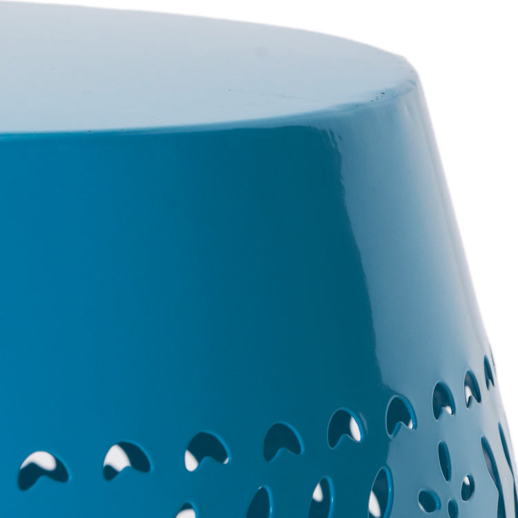 Ruby Side Table, Lace Cut Metal End Table For Outdoor & Indoor Use, Barrel Shape Accent Table With No Assembly Needed For Garden, Patio, Living Room, Backyard Decor,Blue Color