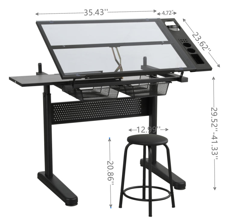 Hand Crank Adjustable Drafting Table Drawing Desk With 2 Metal Drawers Black With Stool