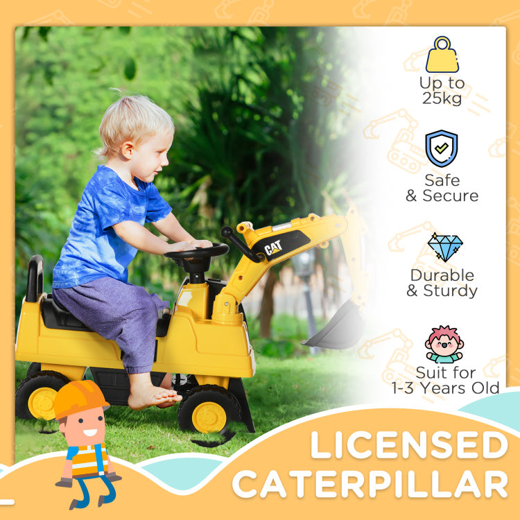 Aosom Excavator Ride On Toy, Cat Licensed Kids Manual Pedal Ride On Excavator With Manual Shovel, Horn, Hidden Storage For 18 36 Months Boys And Girls, Yellow