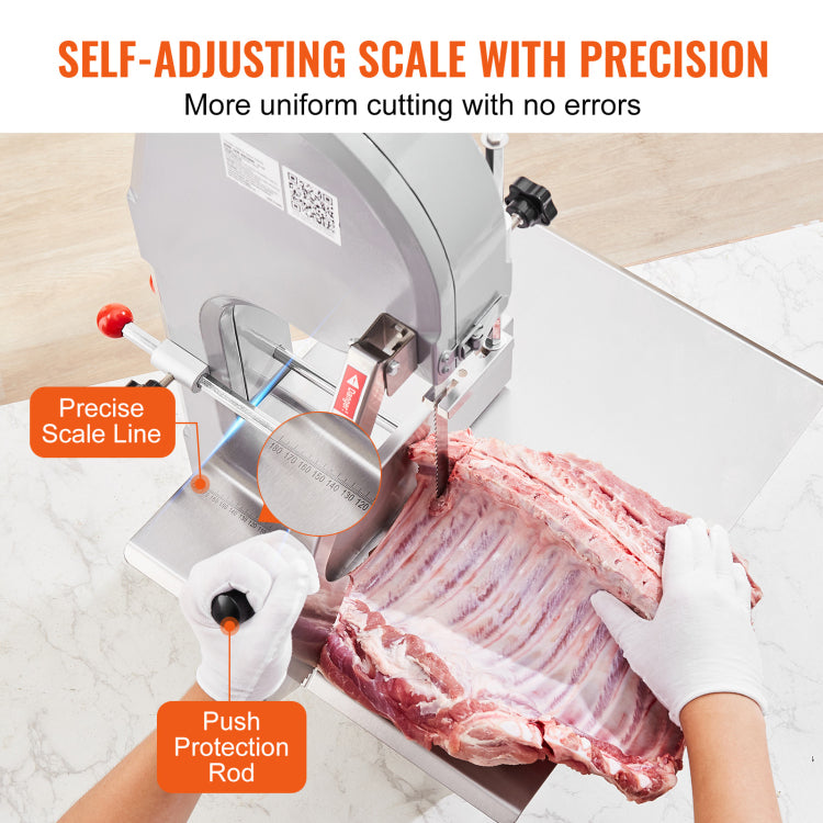 Commercial Electric Meat Bandsaw, 1500W Stainless Steel Countertop Bone Sawing Machine, Workbeach 19.3" X 15", 0.16 7.9 Inch Cutting Thickness, Frozen Meat Cutter With 6 Blades For Rib Pork Beef