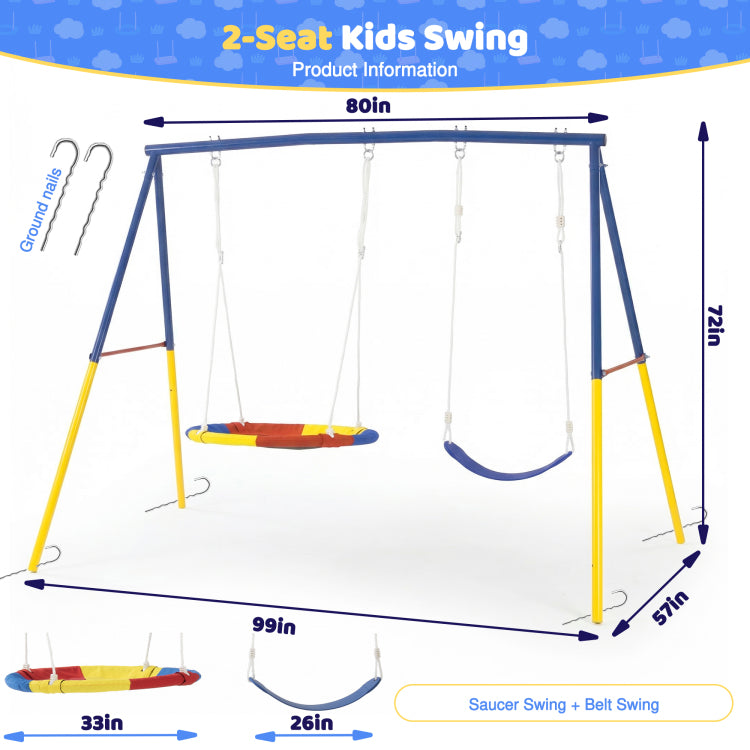 Swing Set For Backyard, 330Lbs Swing Set With Heavy Duty A Frame Metal Outdoor Swing Stand, 1 Saucer Swing Seat & 1 Belt Swings Seat