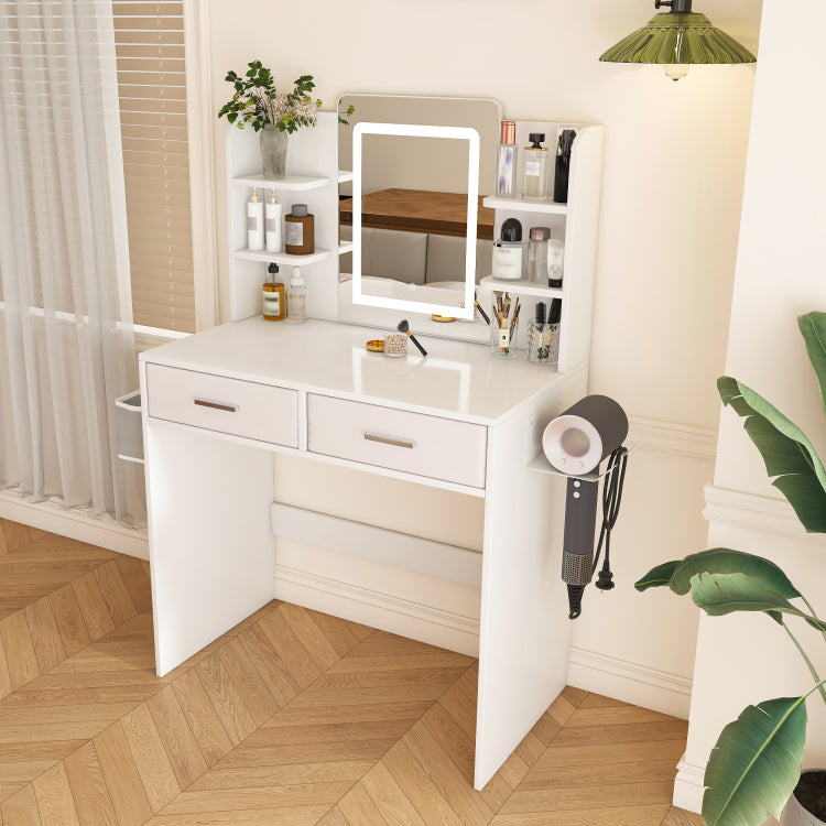 Led Mirror Vanity Dressing Table With Lights For Women & Girls 3 Color Adjustable Light Strips, 2 Large Drawers, Hair Dryer Stand & Non Woven Storage Bag, Makeup Desk Bedroom Furniture