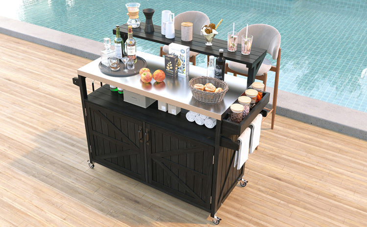 K&K 53.3" Outdoor Kitchen Island With Raised Shelf, Solid Wood Storage Cabinet With Stainless Steel Top, Outdoor Rolling Grill Cart With Internal Storage Rack, Adjustable Shelf, Spice Rack, Black