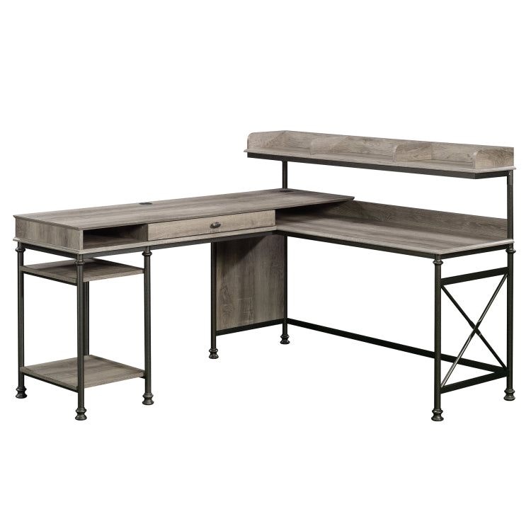 Industrial L Shaped Desk With Built In Usb Ports And Grommet Holes, Brown Finish