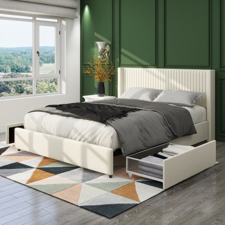 Anna Patented 2 Drawer Storage Bed Queen Size Ivory Velvet Upholstered Wingback Platform Bed, Modern Design Headboard With Tight Channel, Wooden Slat Mattress Support No Box Spring Needed