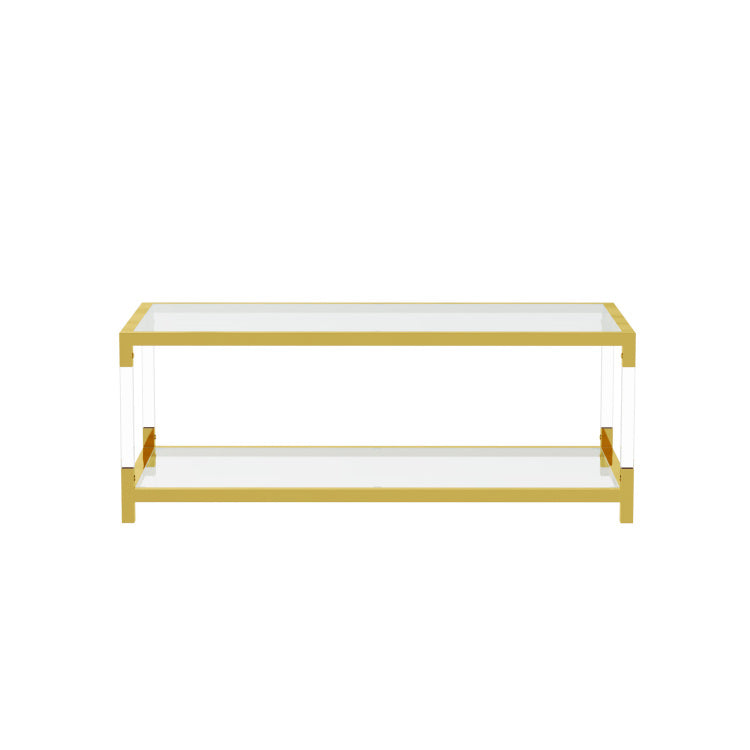 Modern Acrylic Leg Coffee Table, Double Layer Tempered Glass Top With Golden Metal Frame, 47.2X23.6X17.7 Inch Living Room Furniture