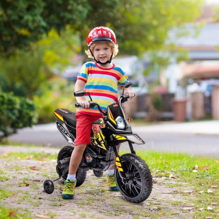 Qaba 12V Kids Motorcycle, Aprilia Licenced Electric Motorcycle For Kids With Training Wheels, Spring Suspension, Led Light, Usb, Music, Battery Powered Electric Dirt Bike For Boys Girls, Yellow