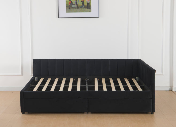 Full Size Daybed With Storage Drawers Upholstered Corner Bed With L Shaped Headboard Velvet Daybed Frame For Living Room Guest Room