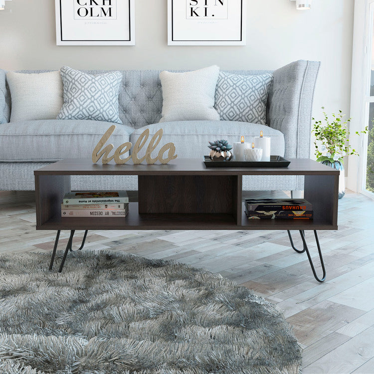 Vassel Coffee Table, Hairpin Legs, Two Shelves Espresso