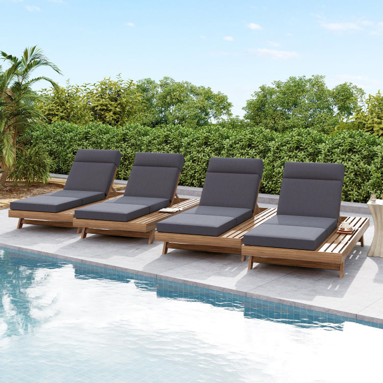 Lounge Chaise Set With Headrest, Space Available On One Side, Acacia Wood In Light Brown With Water Resistant Lounge Cushions Dark Grey & 3 Fold & 4 Inch Matching Cream Beige Version Available